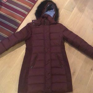 Boden Burgundy Puffer Coat with Fur Hood